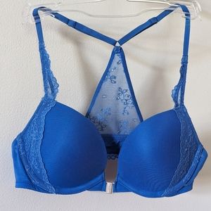 GILLY HICKS Royal Blue Racerback Underwire Lace Push-up Front Clasp Bra. Sz 34A